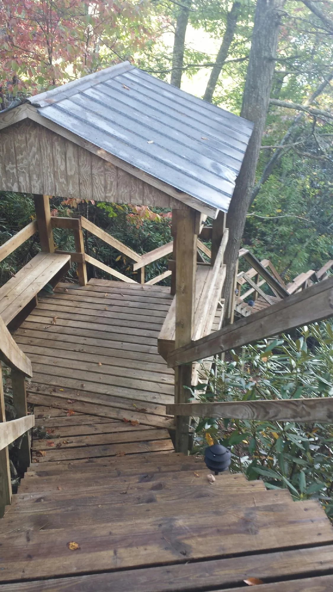 Metal roofed shelter over wooden steps on a wooded walkway — Skylight Repair & Installation work by our crew in Holt